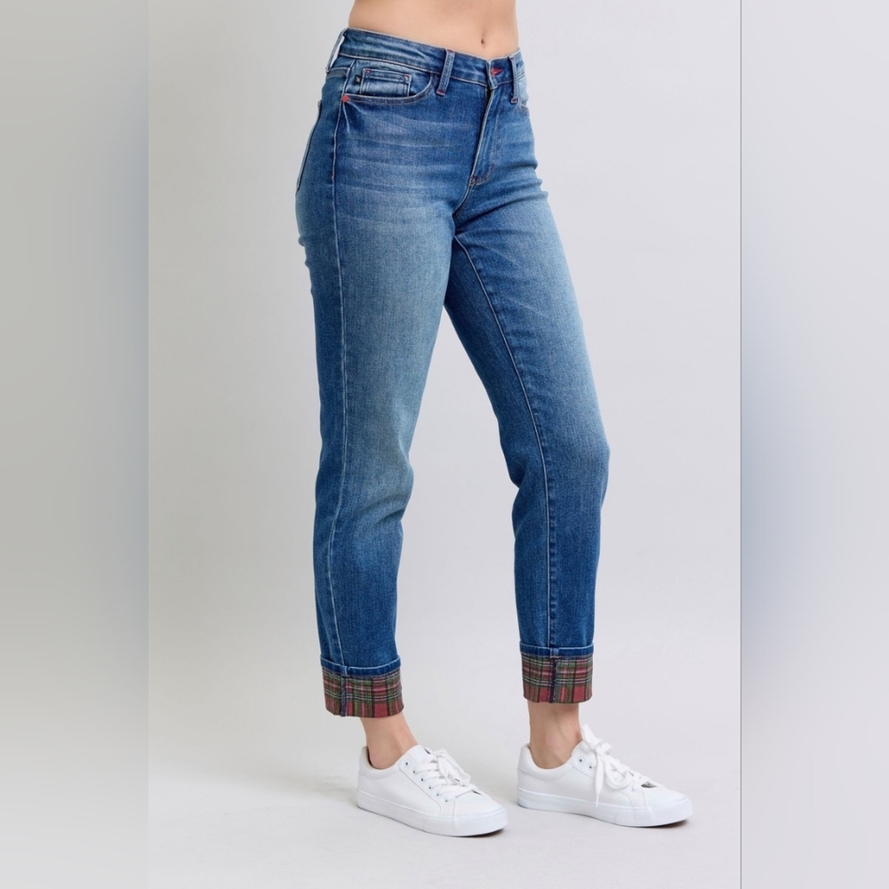 NWT Judy Blue High Waist Straight Leg Jeans Plaid Cuff Size 1/25 Stretch Denim